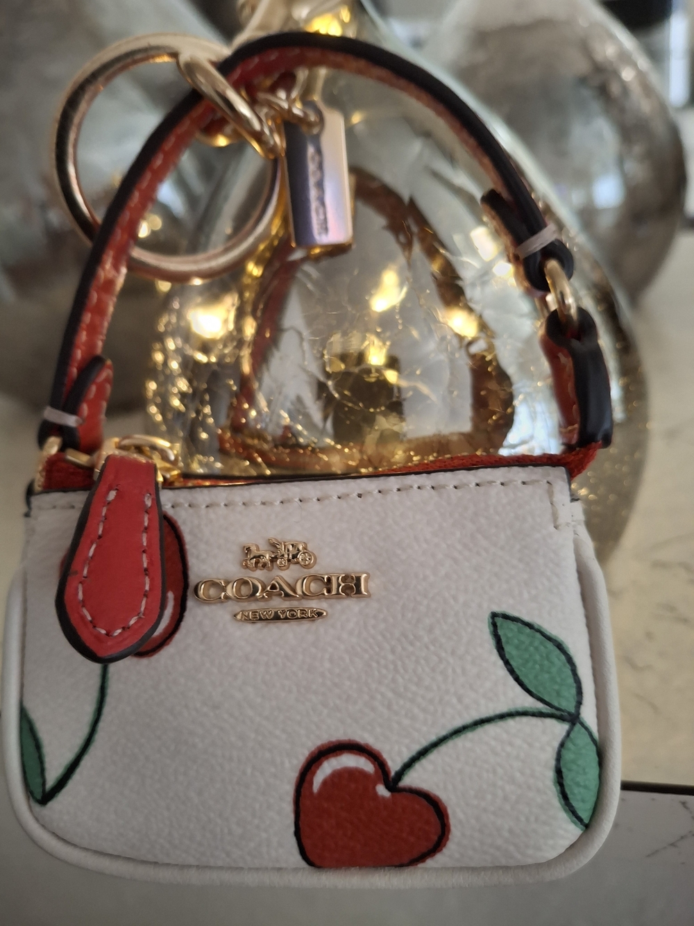 COACH White Cherry Mini Bag Charm Keychain